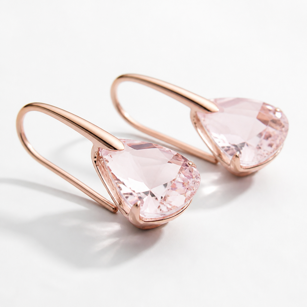 Side angle of pink Lunar drop earrings highlighting the crystal facets