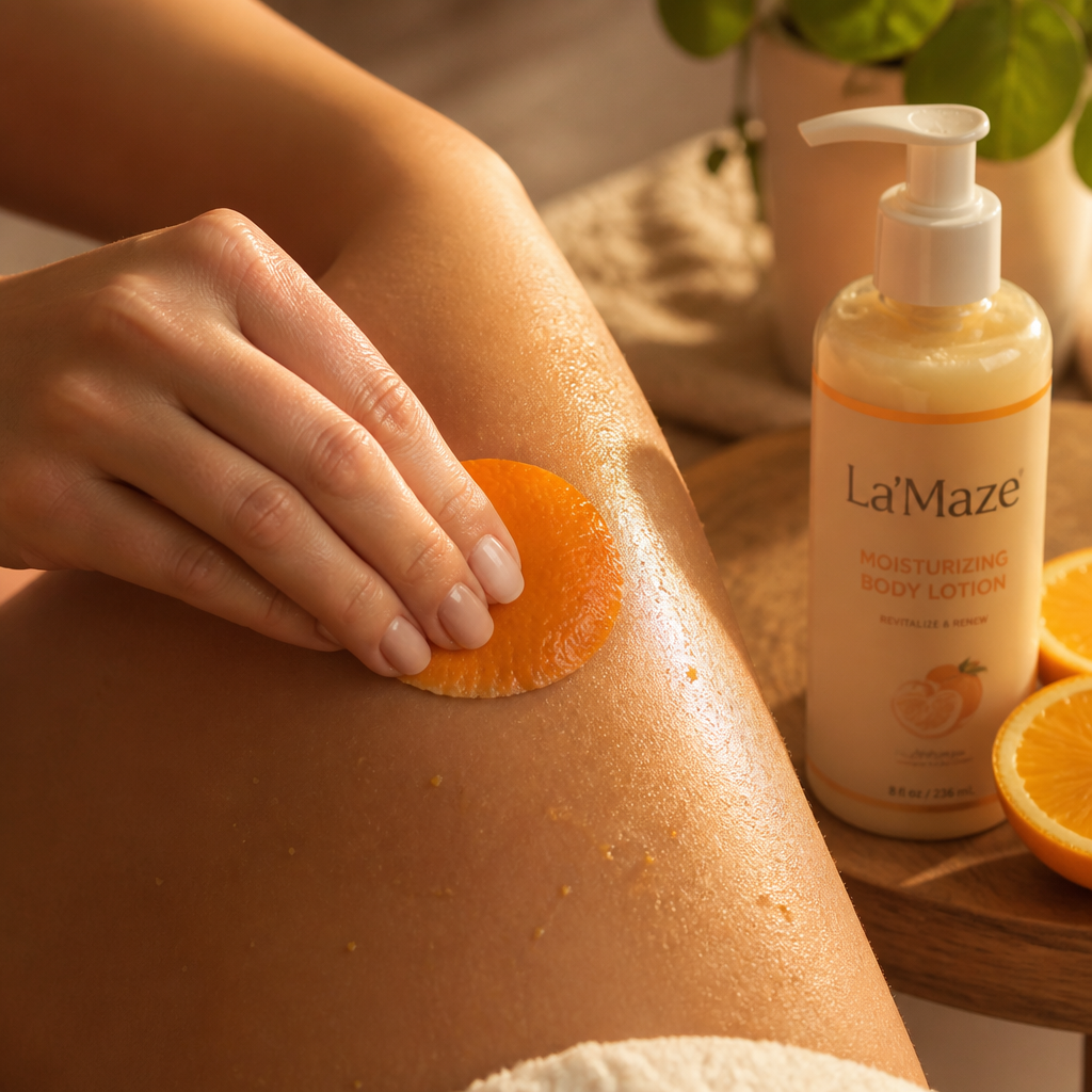 Close-up of orange peel being gently rubbed on soft bare skin in warm golden light showing smooth fresh skin revealed underneath