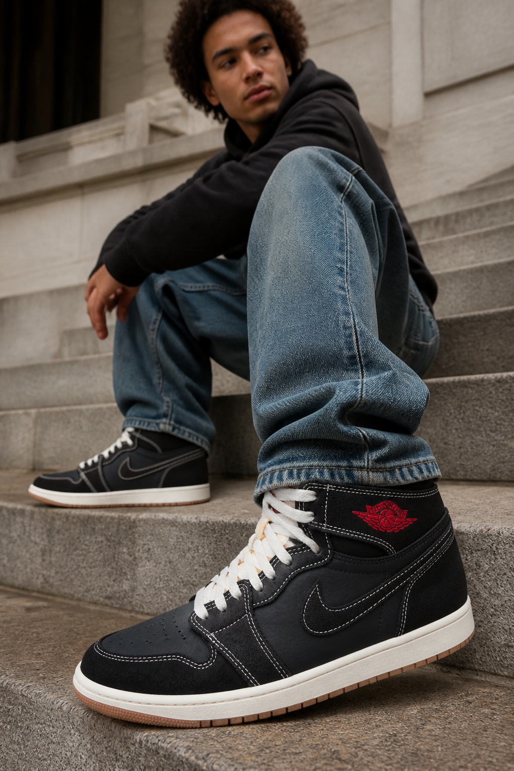 Man in casual streetwear standing on concrete steps wearing the Nike Total 90 Premium sneakers paired with relaxed denim