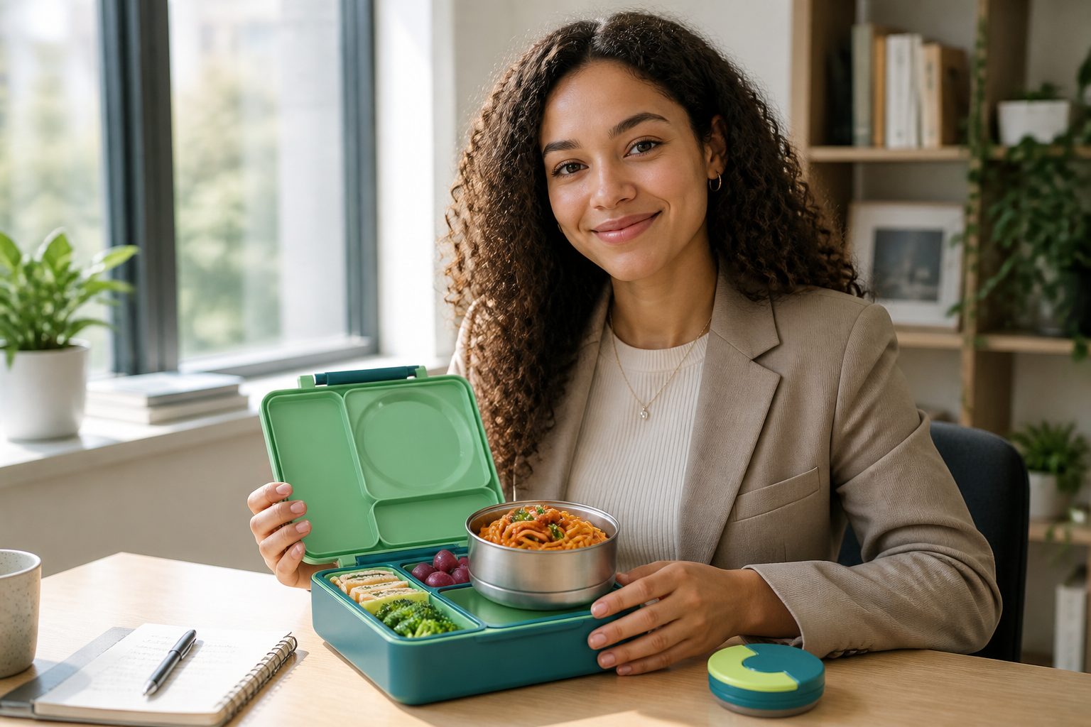 A smiling young professional holding a colorful Bento Box at a sunlit desk near a window, the lunch inside looks fresh and warm