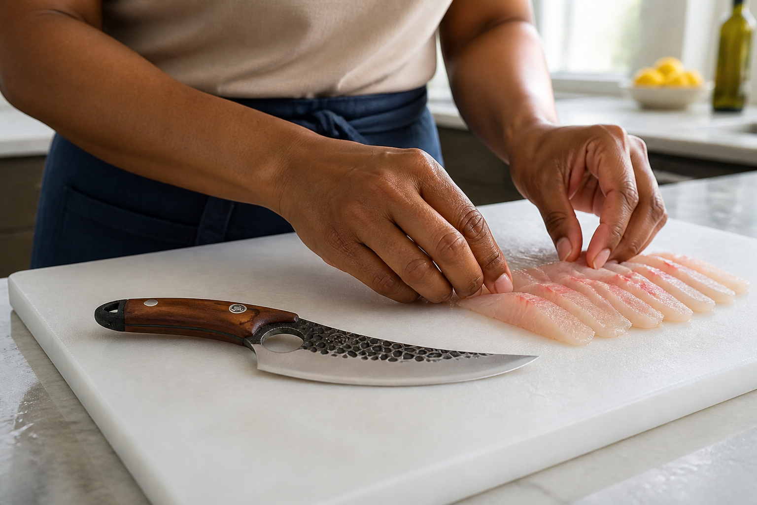 Delicate perfectly sliced fish fillets arranged neatly showing professional quality