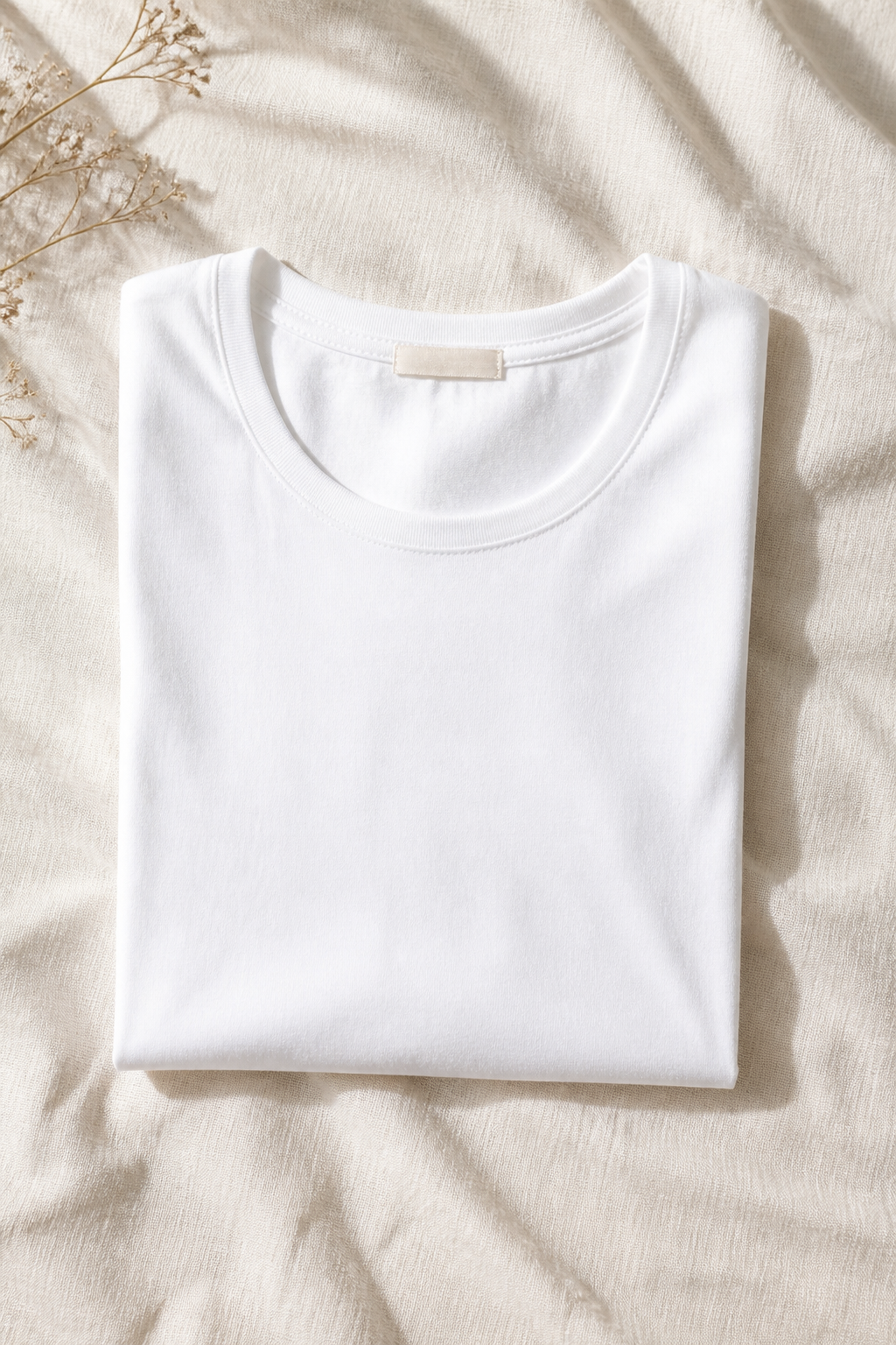 White Ladies T-Shirt in Medium length Cotton fabric folded flat on cream linen background with natural daylight and minimalist styling