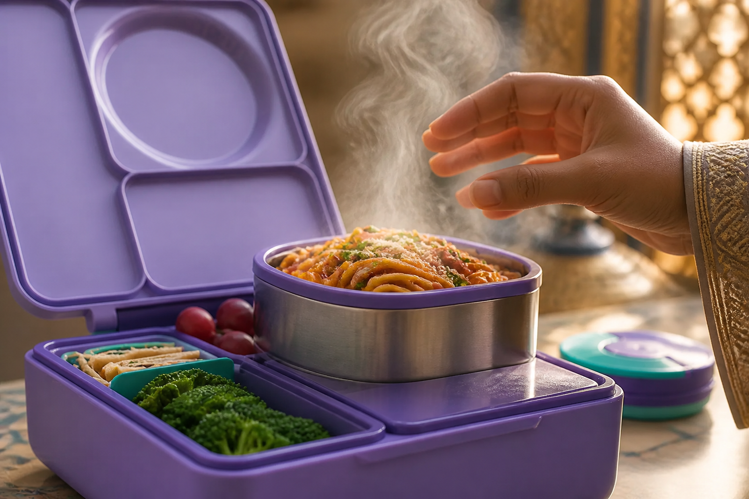 Close-up macro shot of steam rising from hot food inside the open Bento Box, showing the heat-sealed lid and insulated walls keeping the meal warm