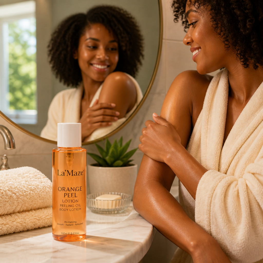 Lifestyle photo of a confident woman in a soft cream robe smiling warmly at her reflection while gently touching her smooth glowing arm, La'Maze bottle visible on a nearby shelf, soft golden morning light from window