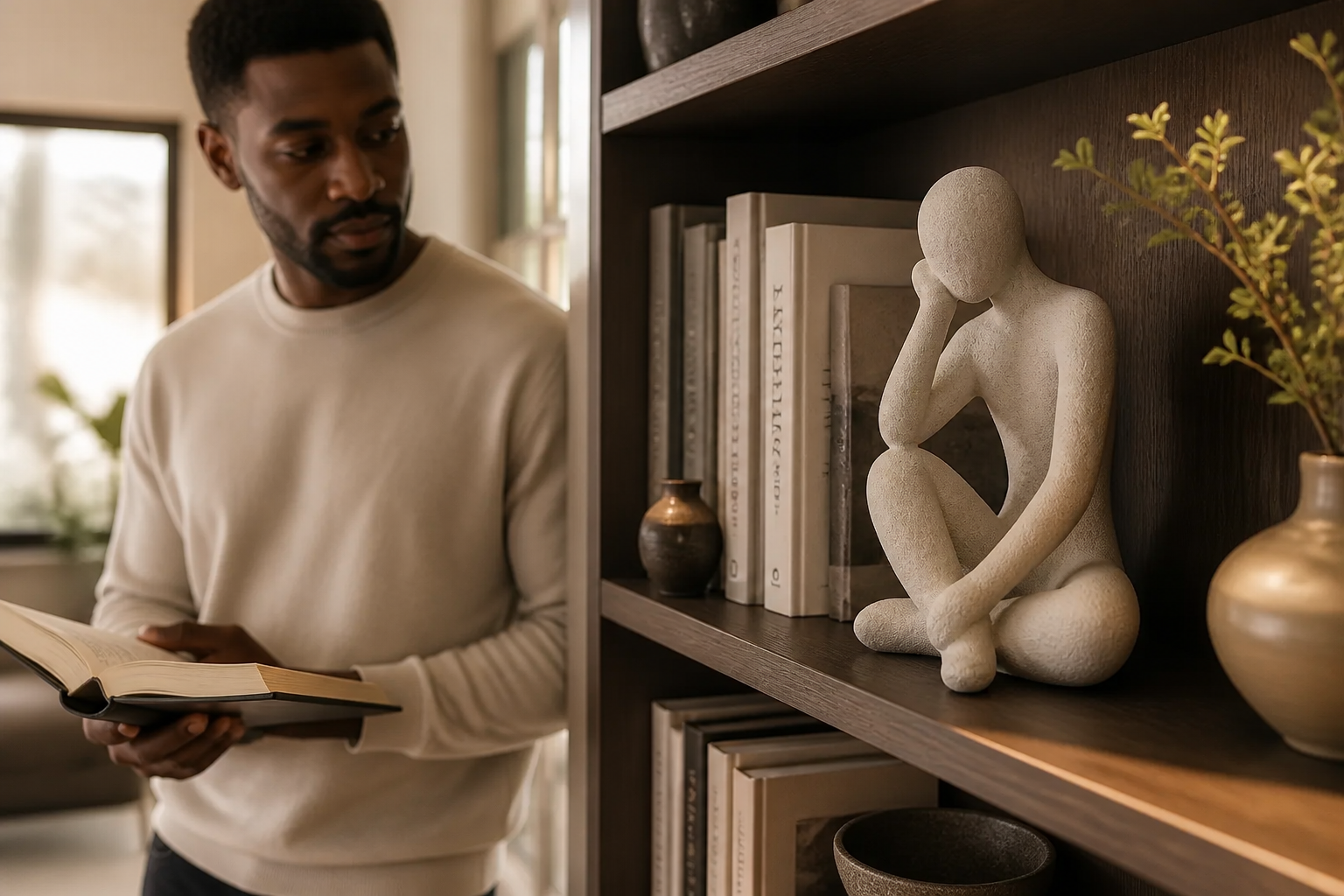 Lifestyle image showing the Abstract Thought Thinker Accent displayed elegantly on a modern bookshelf alongside curated books and small decorative objects