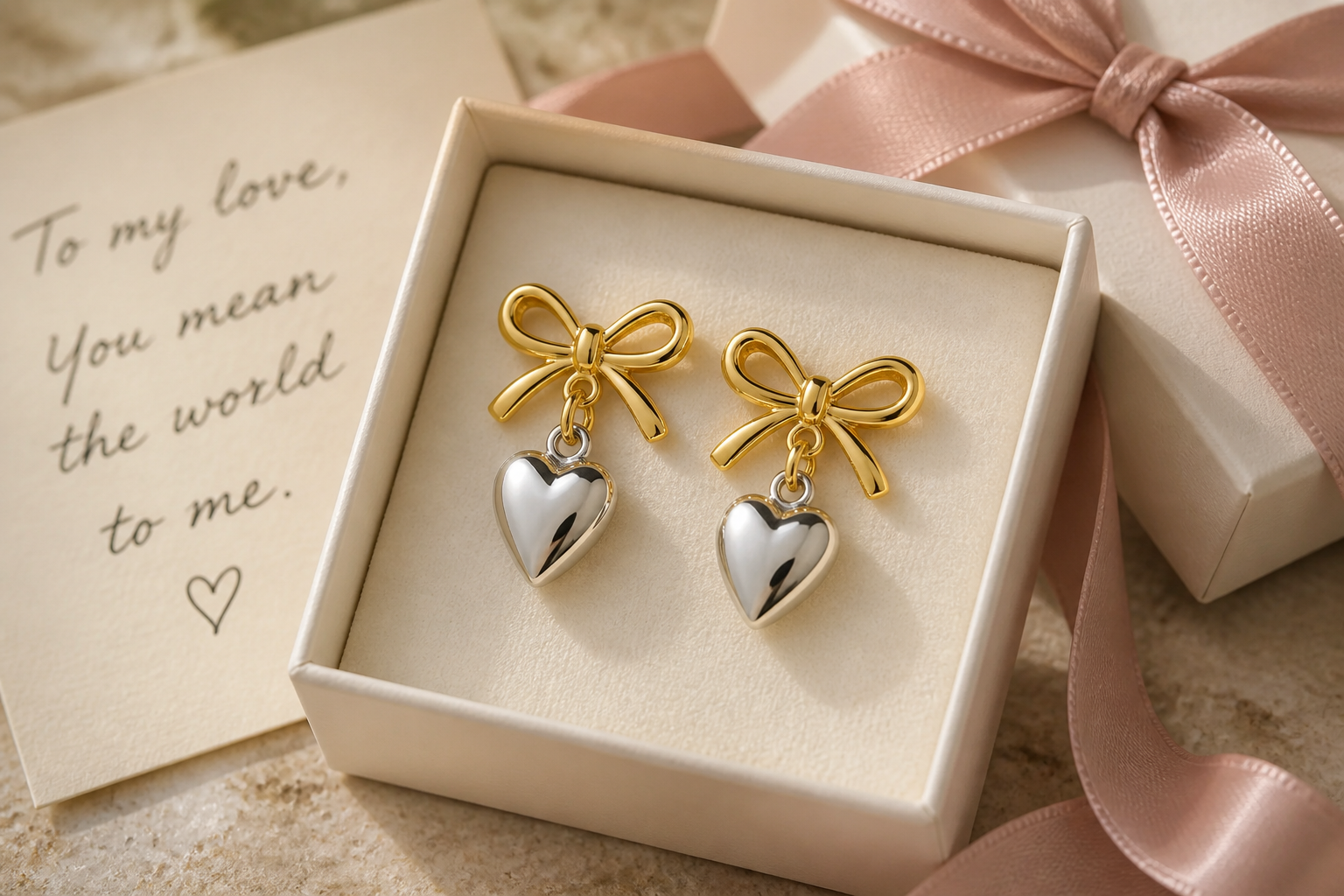 Gift box wrapped in blush ribbon with Love Heart Earrings nestled inside and handwritten love note on cream paper