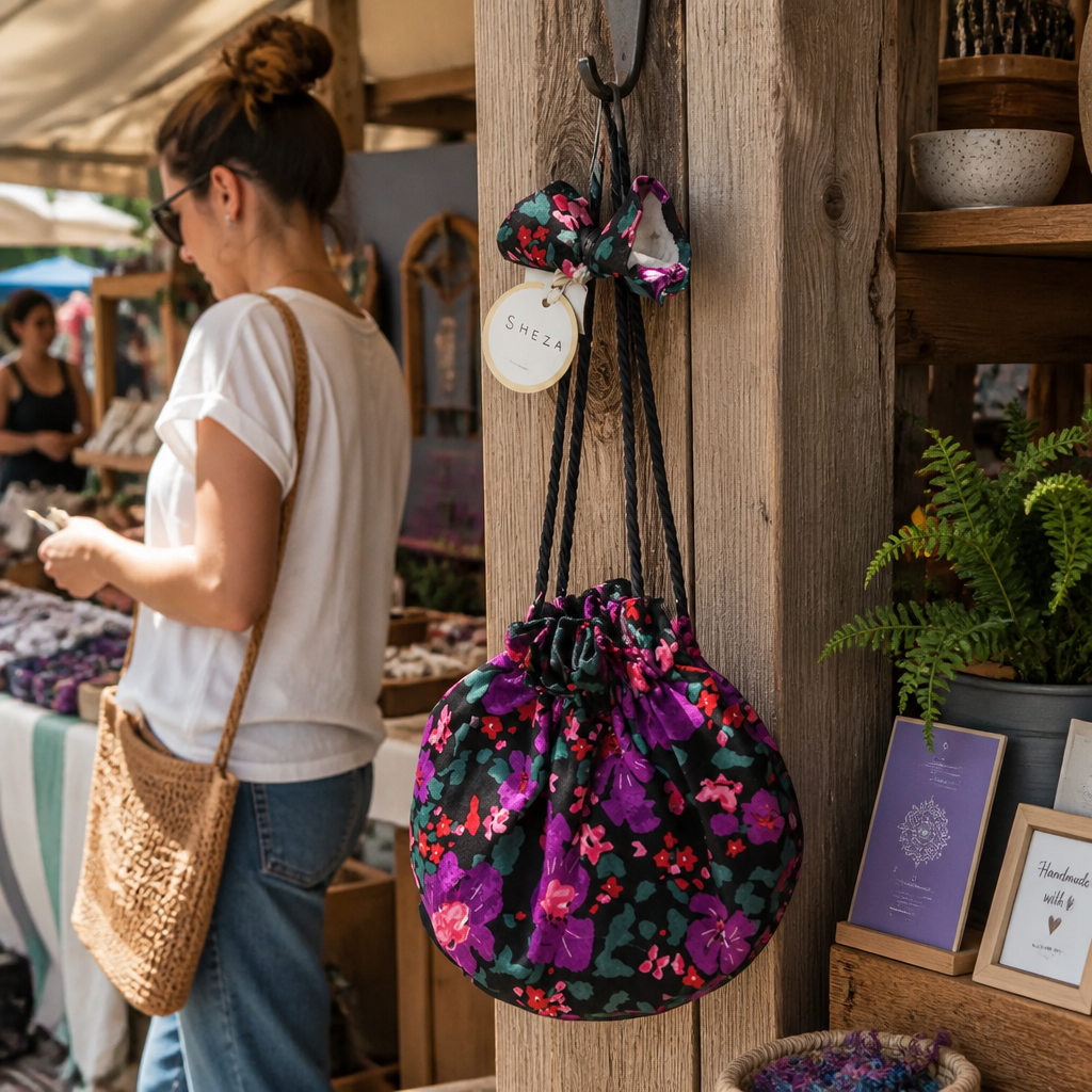Cinched bag hanging from a market stall with colorful goods, weekend artisan market atmosphere, natural daylight