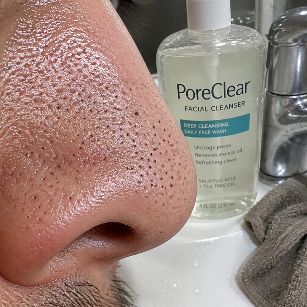 Extreme macro close-up of human nose with visible clogged pores and blackheads, harsh unflattering lighting showing skin texture in detail