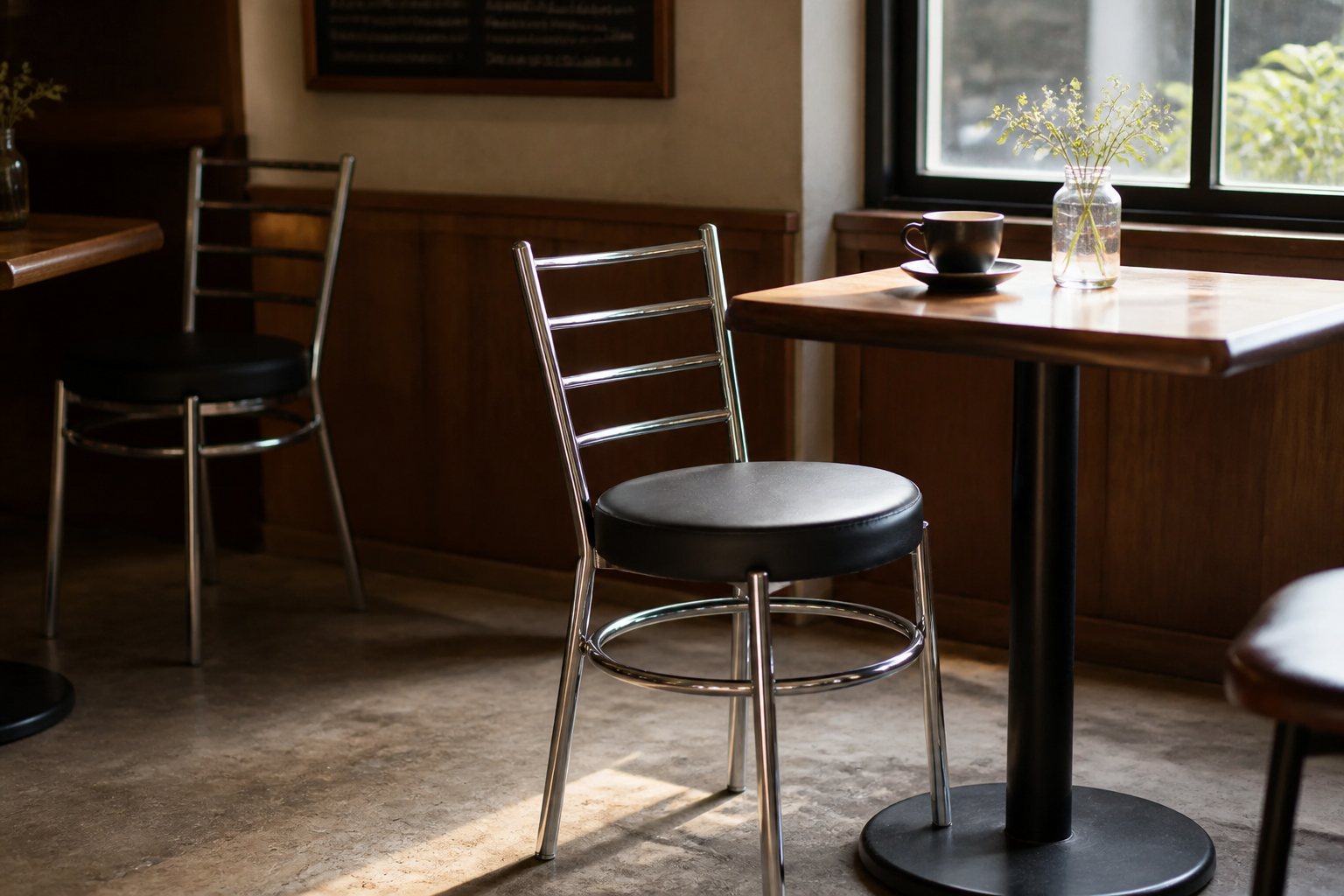 Wide cinematic shot of a black steel dining chair with cushion sitting in a small cozy caf&eacute; with warm wooden tables and soft natural light streaming through a window.