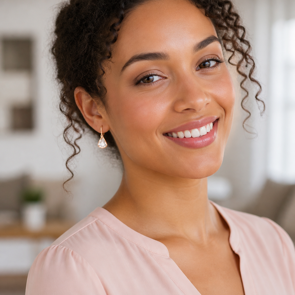 Lifestyle portrait of a smiling woman wearing the Lunar earrings with a soft pink blouse in natural daylight
