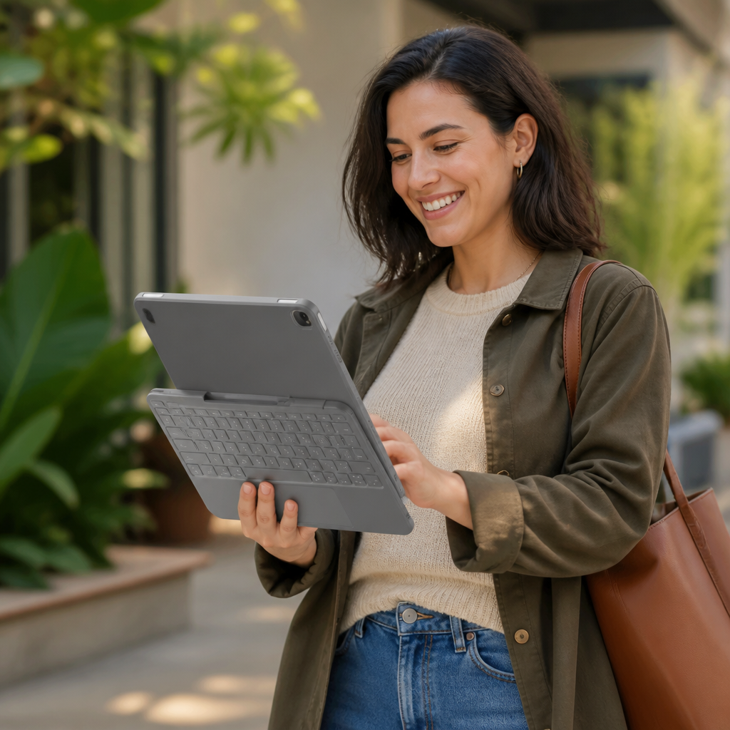 Happy person walking outdoors carrying iPad Air with Combo Touch keyboard attached, smiling and enjoying the mobile work lifestyle in natural daylight