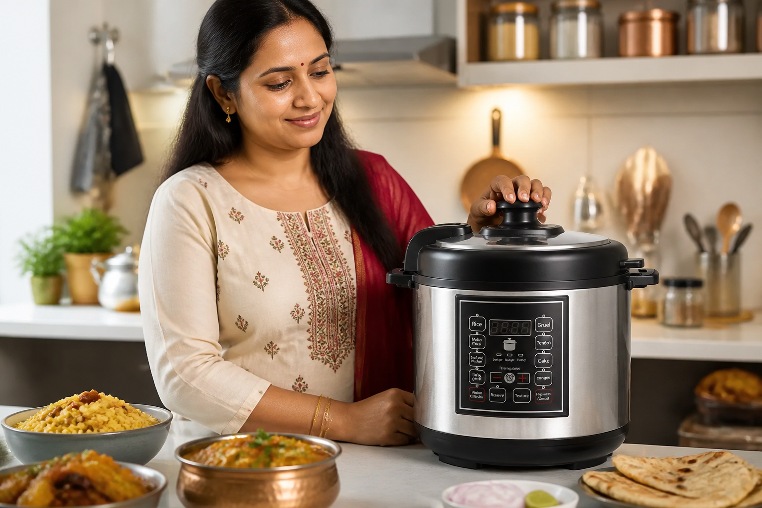 The 5L pressure cooker in a bright, organized Indian family kitchen with warm lighting and clean modern countertops