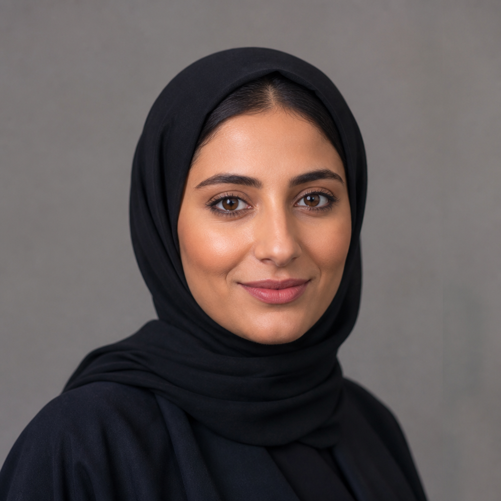 Warm portrait of a Middle Eastern woman in her thirties wearing a soft headscarf, gentle smile, golden hour light from a window behind her, cozy home setting