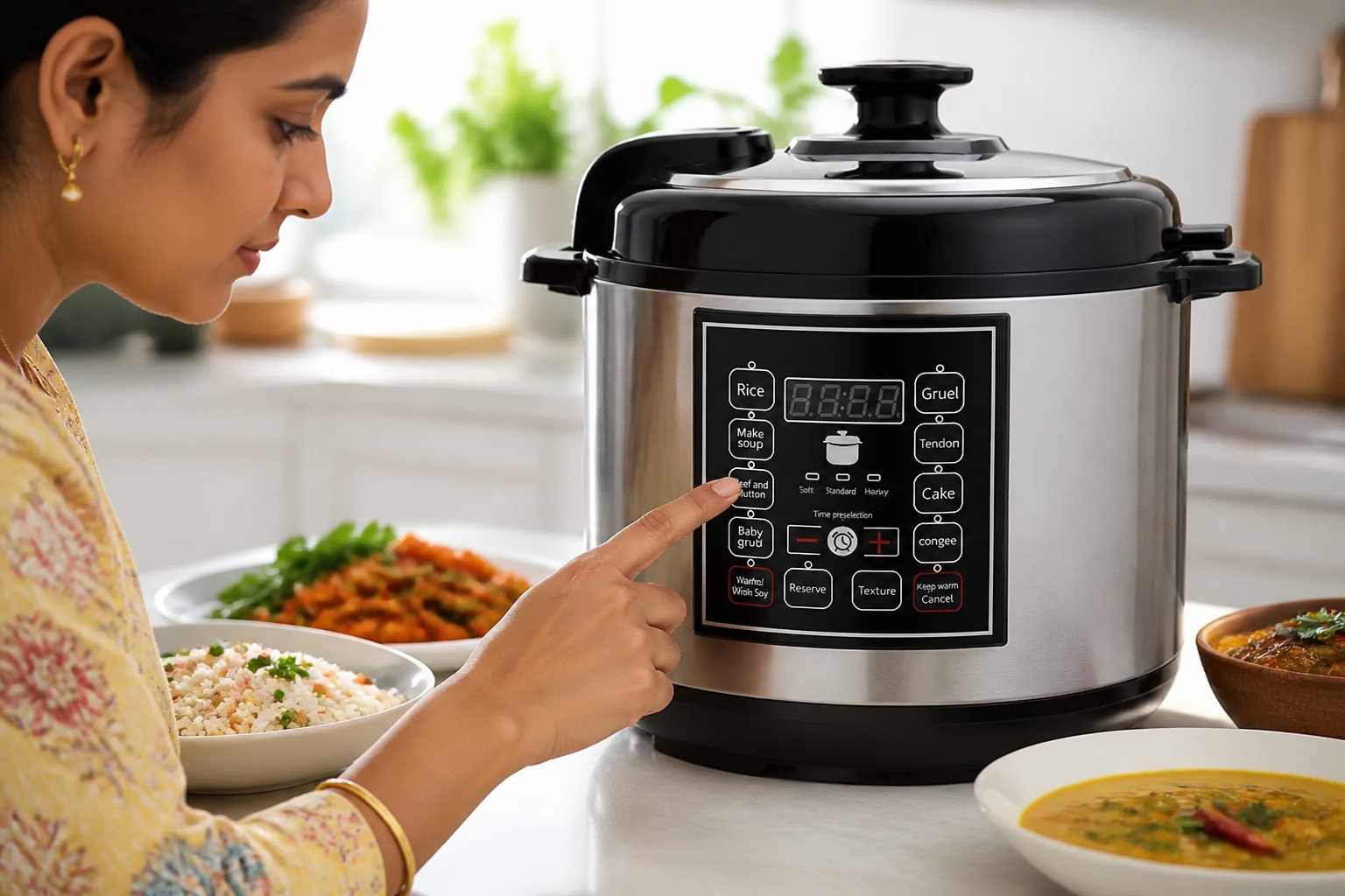 Close-up of a finger pressing the LCD display panel on the pressure cooker to set the cooking mode