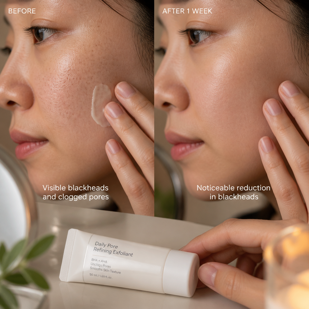 Before and after comparison showing visible blackhead reduction on cheek area after 1 week of consistent use