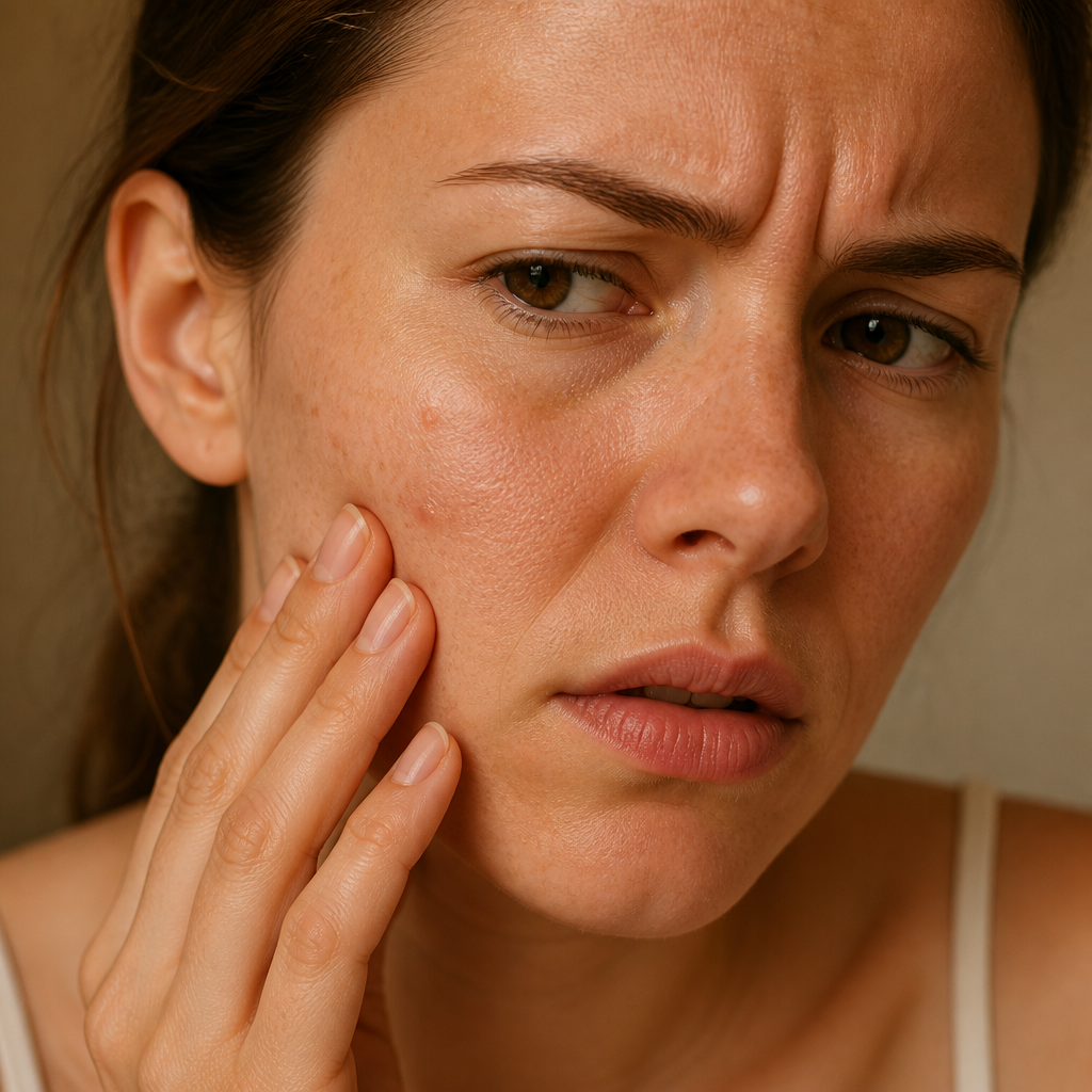 Young woman touching her cheek with a frustrated expression, showing visible pores and skin texture concerns, warm soft lighting, intimate close-up portrait