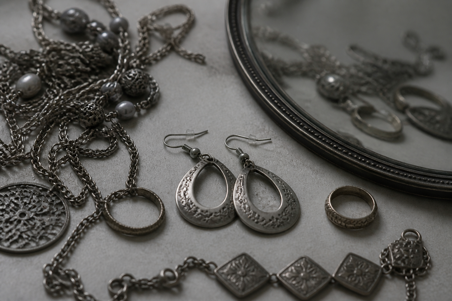 Flat lay of dull tangled faded costume jewelry pieces next to a mirror reflecting disappointment - unbranded silver-toned earrings with no shine