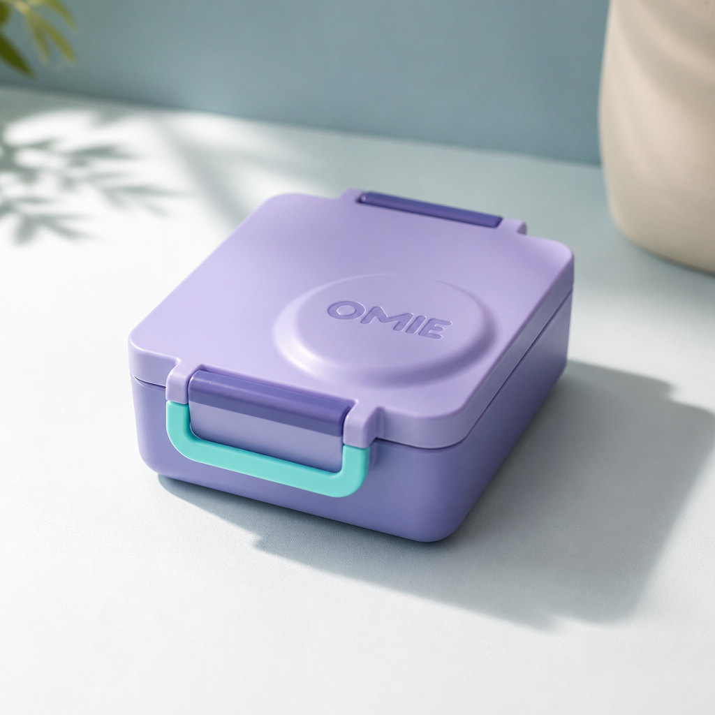 Calm ocean blue bento box product photo on clean pastel background with soft daylight