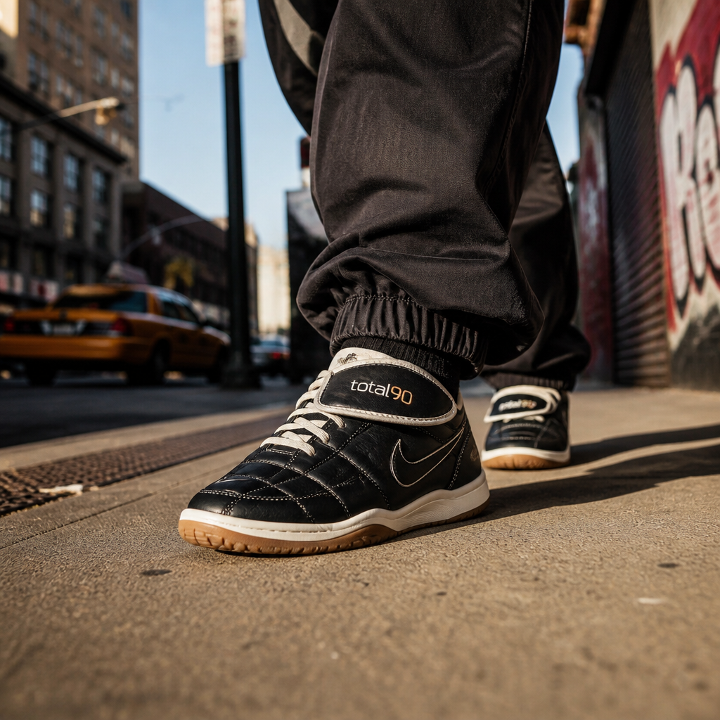 Lifestyle portrait of a confident young sneakerhead walking down a sunlit city street in Nike Total 90 Premium sneakers shot from low angle to emphasize the silhouette and confident stride