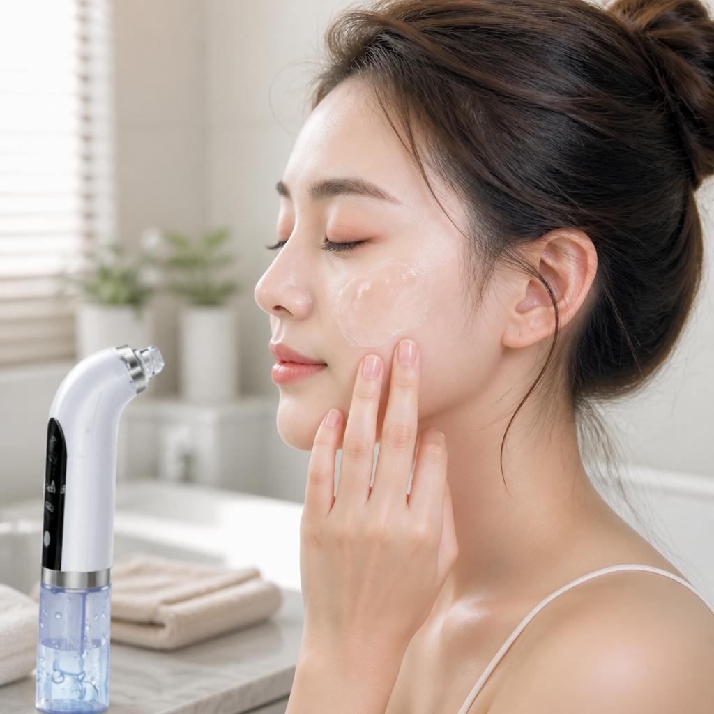 Person applying cooling face mask or serum after extraction with relaxed expression