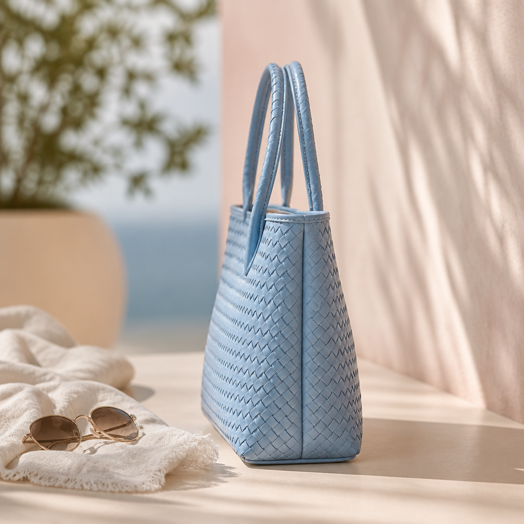 Side profile of the woven tote showing its structured silhouette and elegant shape, photographed on pastel background with soft lighting