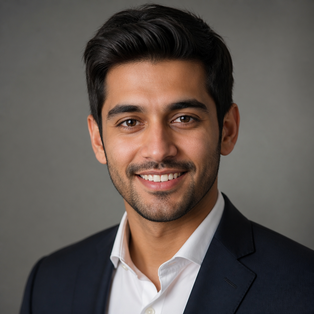 Confident South Asian man with short beard, warm smile, wearing a crisp linen shirt, golden hour indoor lighting, friendly professional headshot composition
