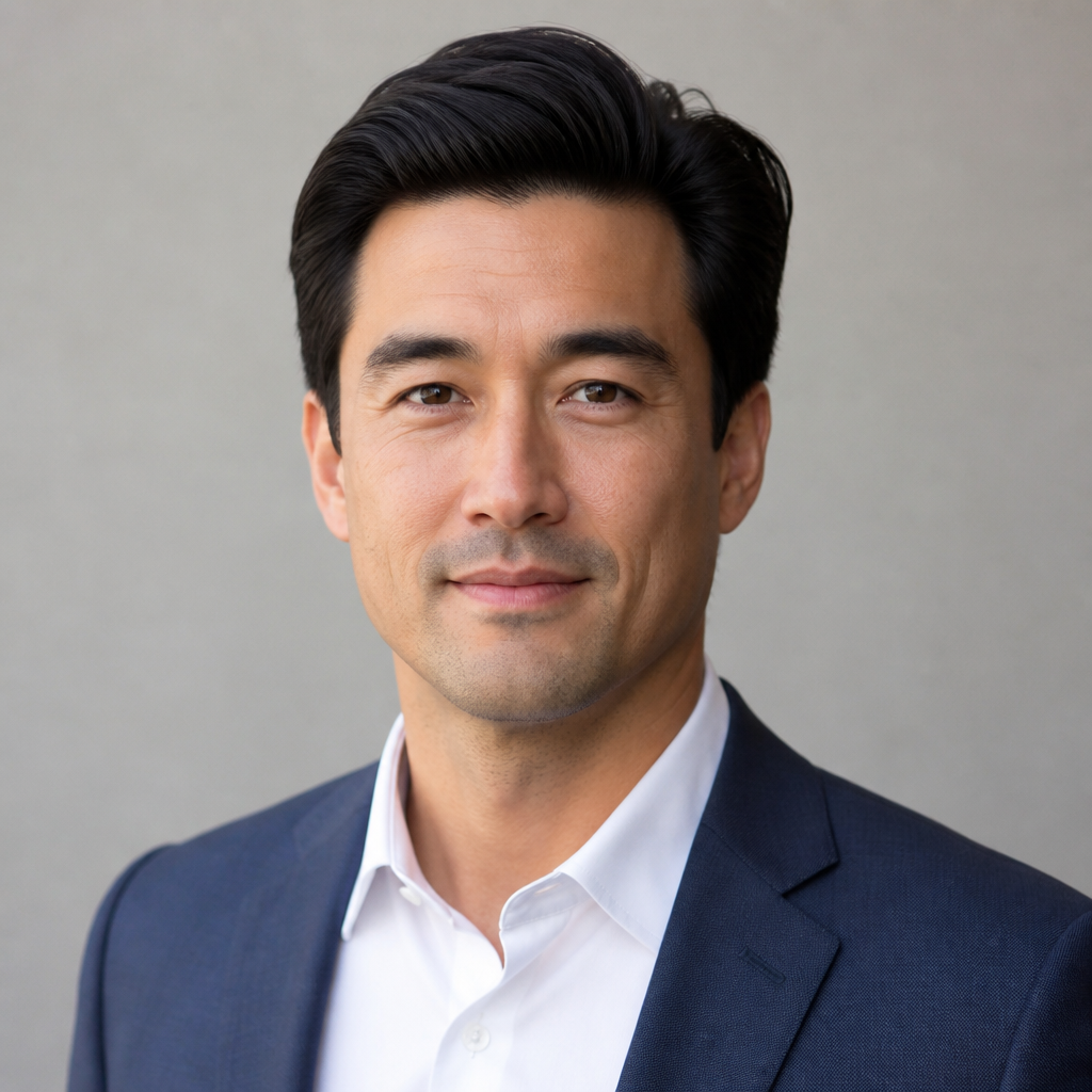 Distinguished portrait of an older Japanese American man with silver hair and kind eyes, wearing a cozy sweater, soft natural light, calm home interior setting