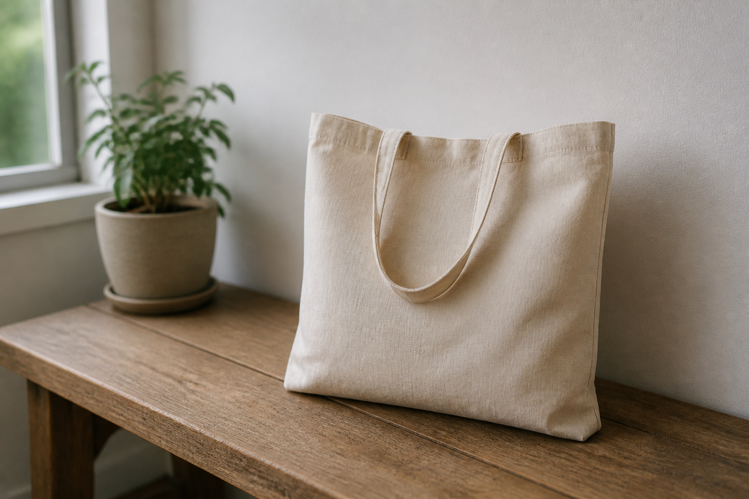 A flat, dull, unbranded plain canvas tote bag sitting on a wooden bench, looking boring and unremarkable against a neutral background