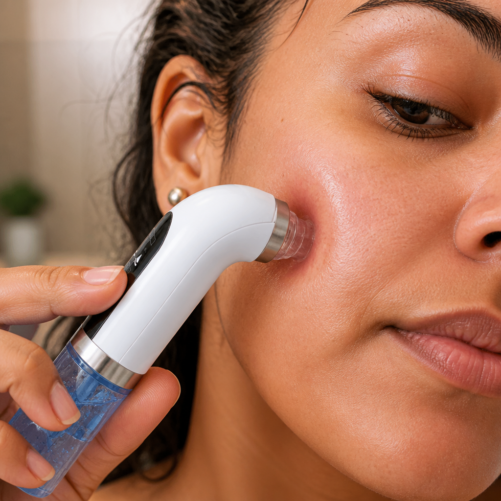 Blackhead vacuum device being gently moved in circular motions across cheek with visible suction effect on skin