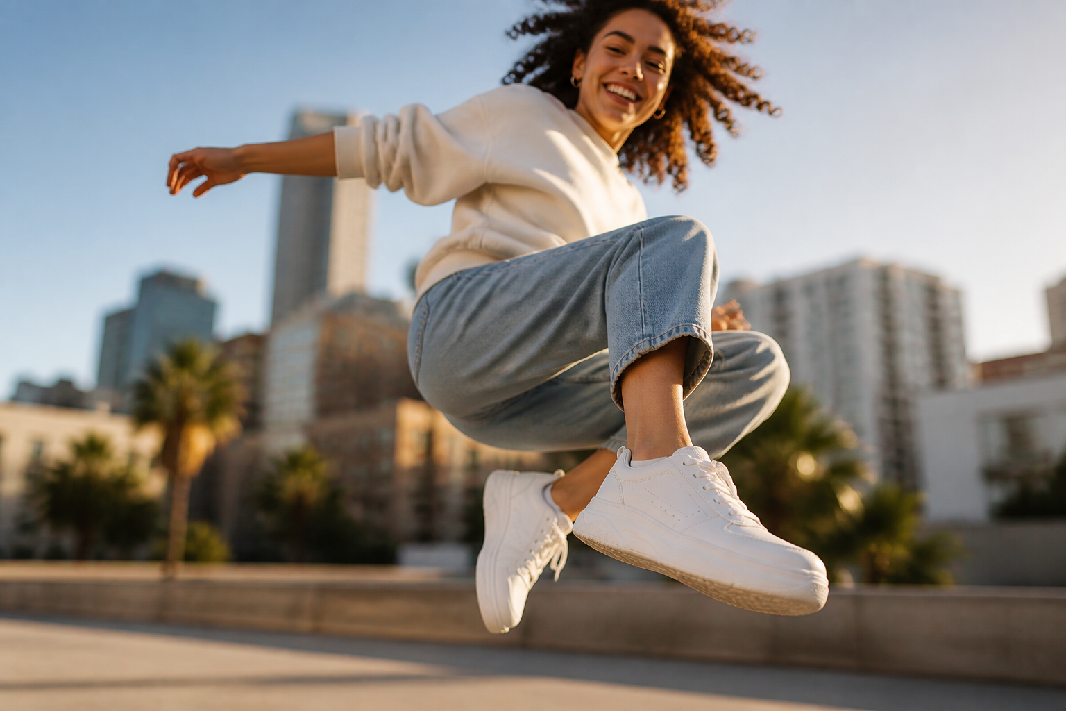 Lifestyle image of a happy young person jumping with joy mid-air in Nike Sneakers 3 on a sunny afternoon with a soft bokeh city backdrop