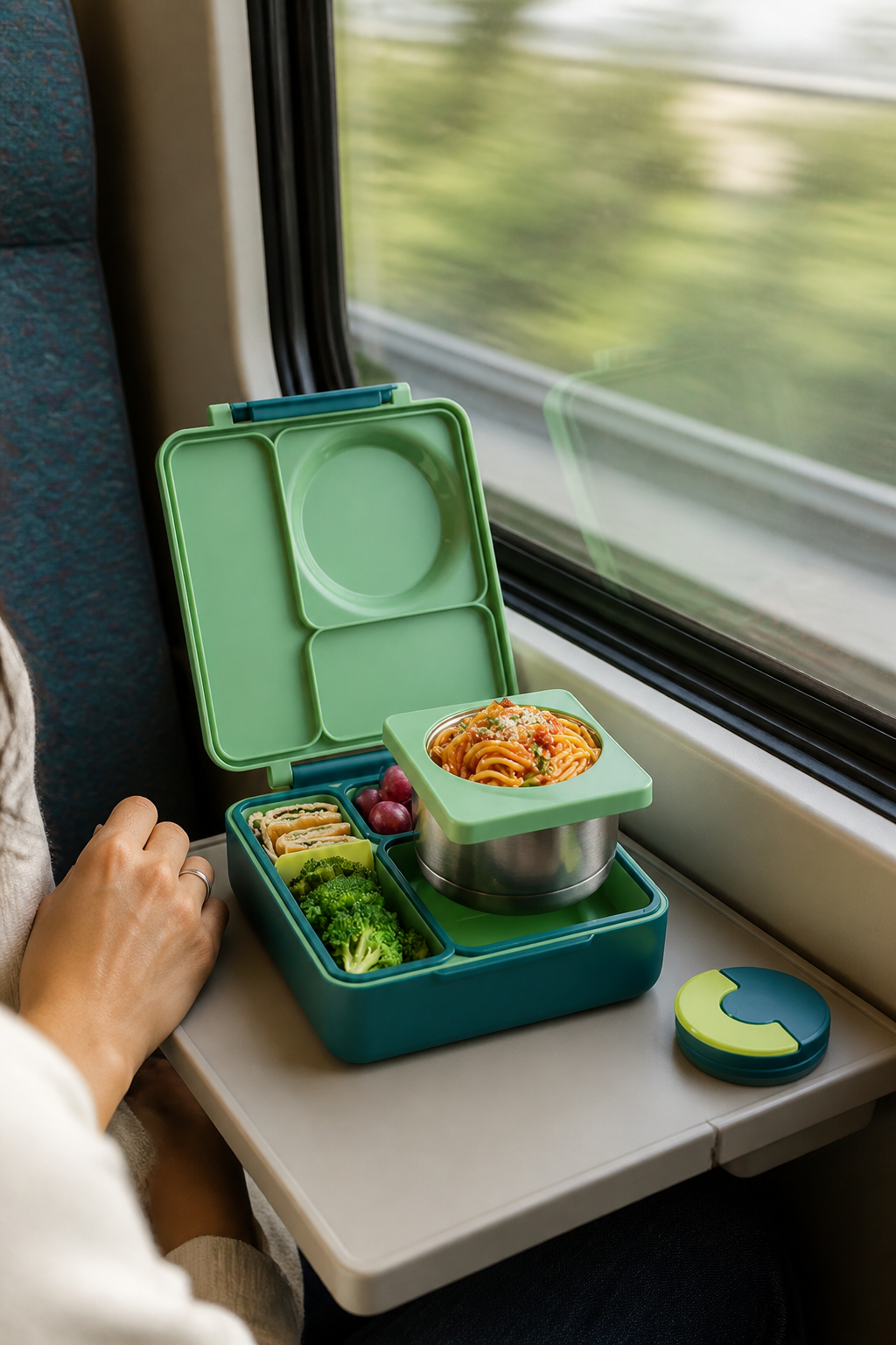 A Bento Box resting on a small tray table next to a train window with blurred passing scenery