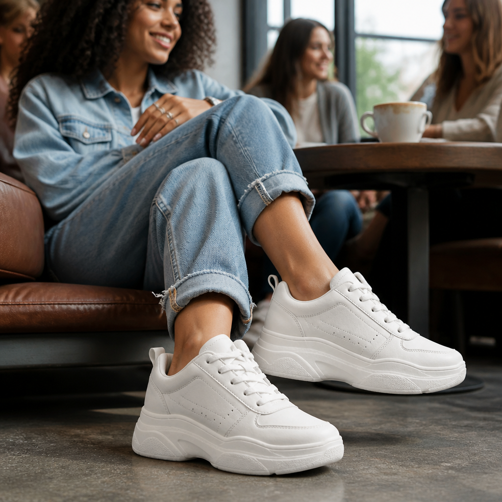 Smiling young woman wearing Nike Sneakers 3 at a coffee shop with her friends in the background