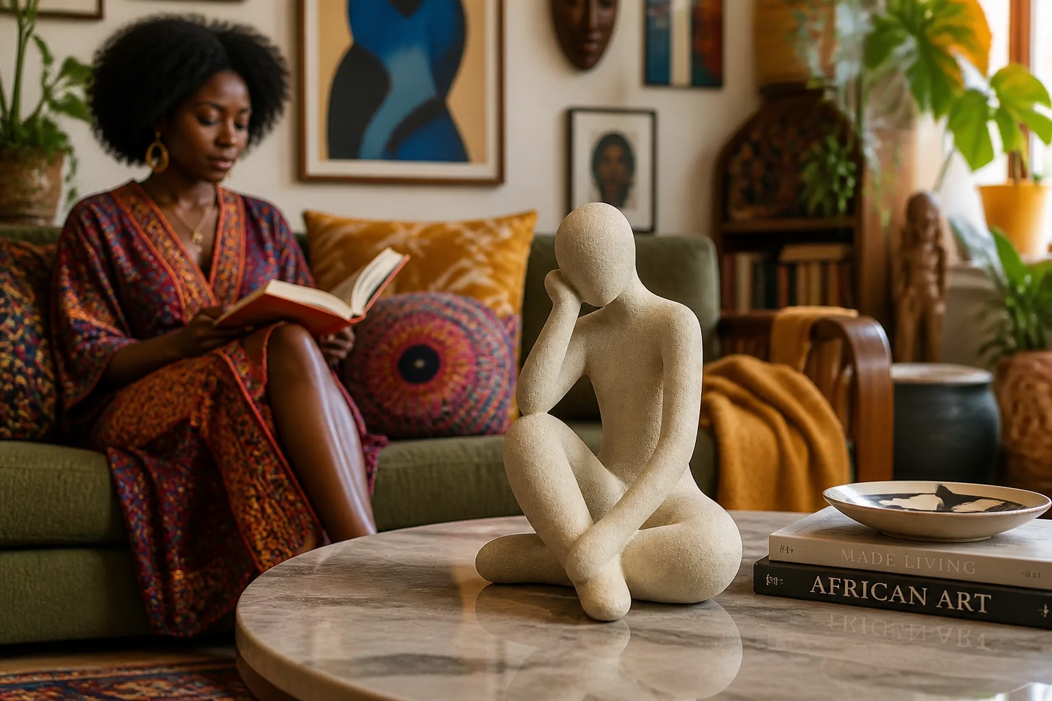Vibrant eclectic living room bursting with colors, patterns, and collected art pieces, with the Thinker Accent standing out as a sophisticated art piece among the bold decor