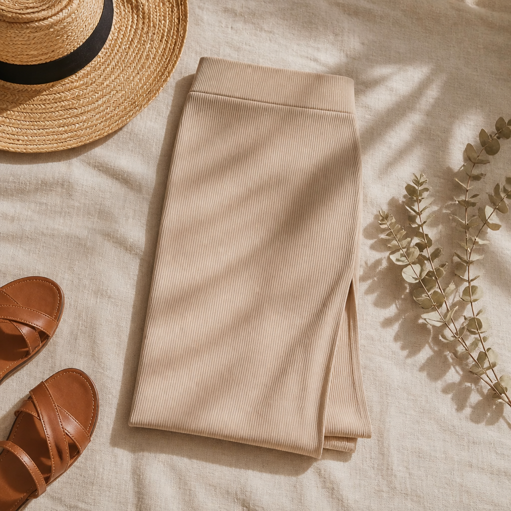 Clean flat-lay product shot of the beige Salazza Skirt folded neatly on a natural linen surface, style=