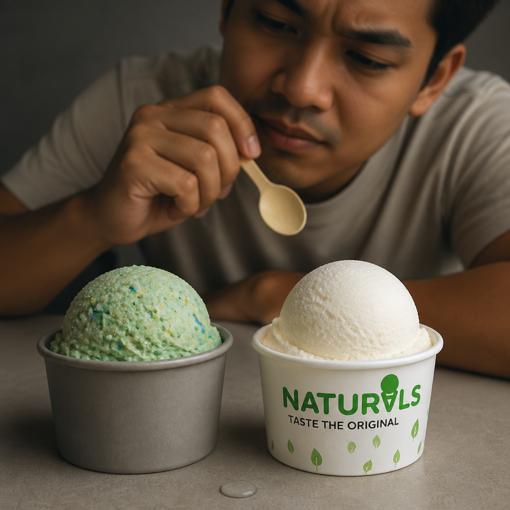 Generic ice cream with artificial colors and flat unappetizing texture, moody lighting showing chemical-laden appearance