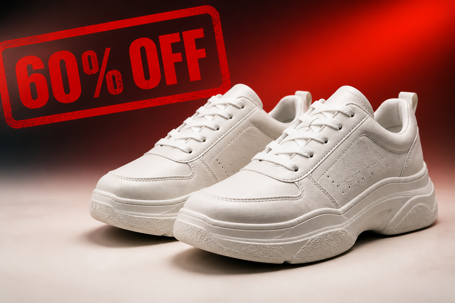 Bold promotional banner showing Nike Sneakers 3 with a large red 60 percent OFF tag stamped across the corner on a dramatic gradient background
