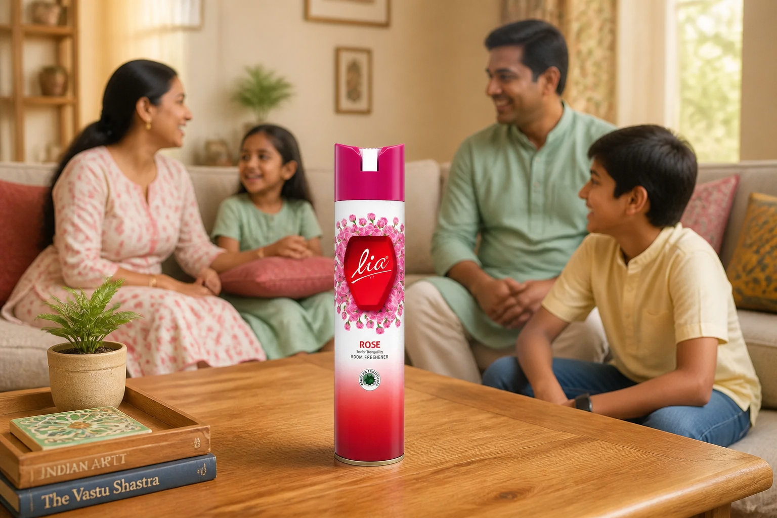 Happy Indian family gathered together in their bright, fresh-smelling living room smiling and enjoying quality time, with Ripple room freshener visible in the background creating a warm and welcoming atmosphere