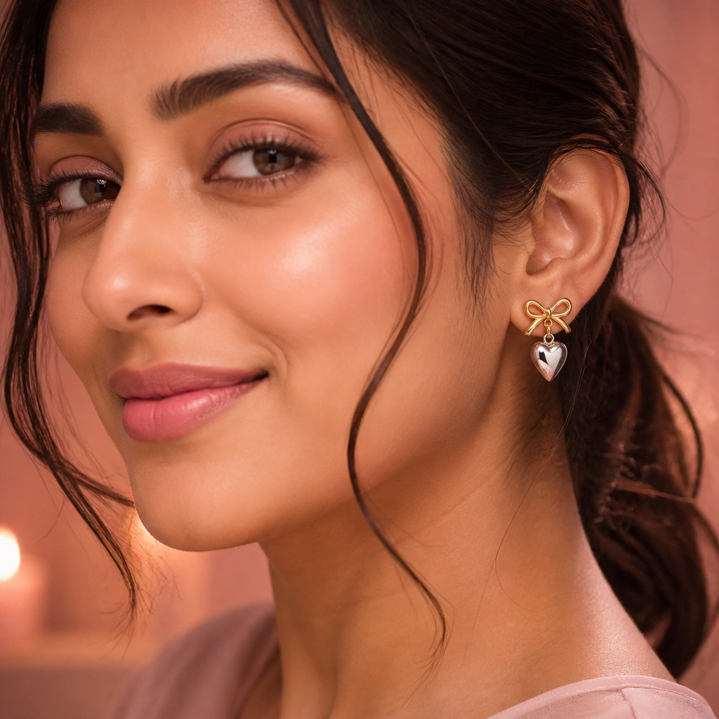 Glowing transformation with gold and silver Love Heart Earrings catching light on a confident smile in warm rose-toned setting