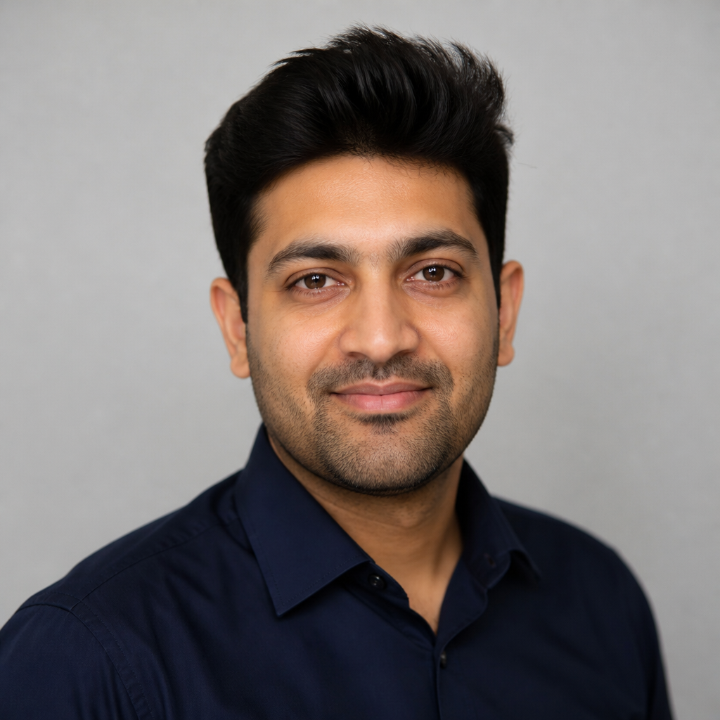 Confident headshot of a mature Indian man with a trimmed beard wearing a crisp white polo, calm direct gaze, studio soft lighting, shallow depth