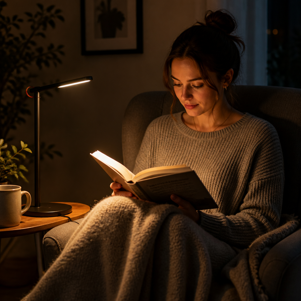 Cozy lifestyle photo of a woman curled up in a soft reading chair at night with the SmartDesk Lamp casting a calm pool of warm amber light across her open book, a wool blanket draped over her lap, real-life evening mood