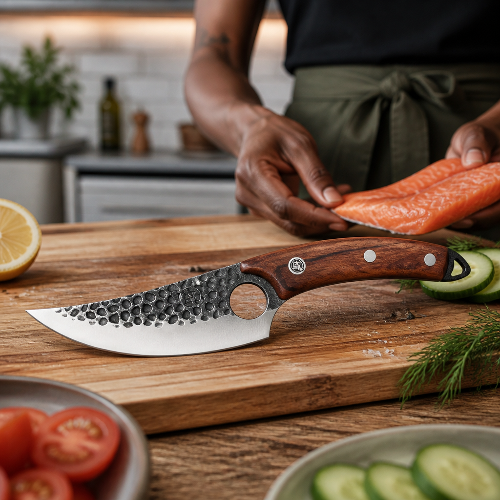 Clean modern kitchen with fresh ingredients on wooden cutting board professional knife in comfortable everyday use with warm natural lighting
