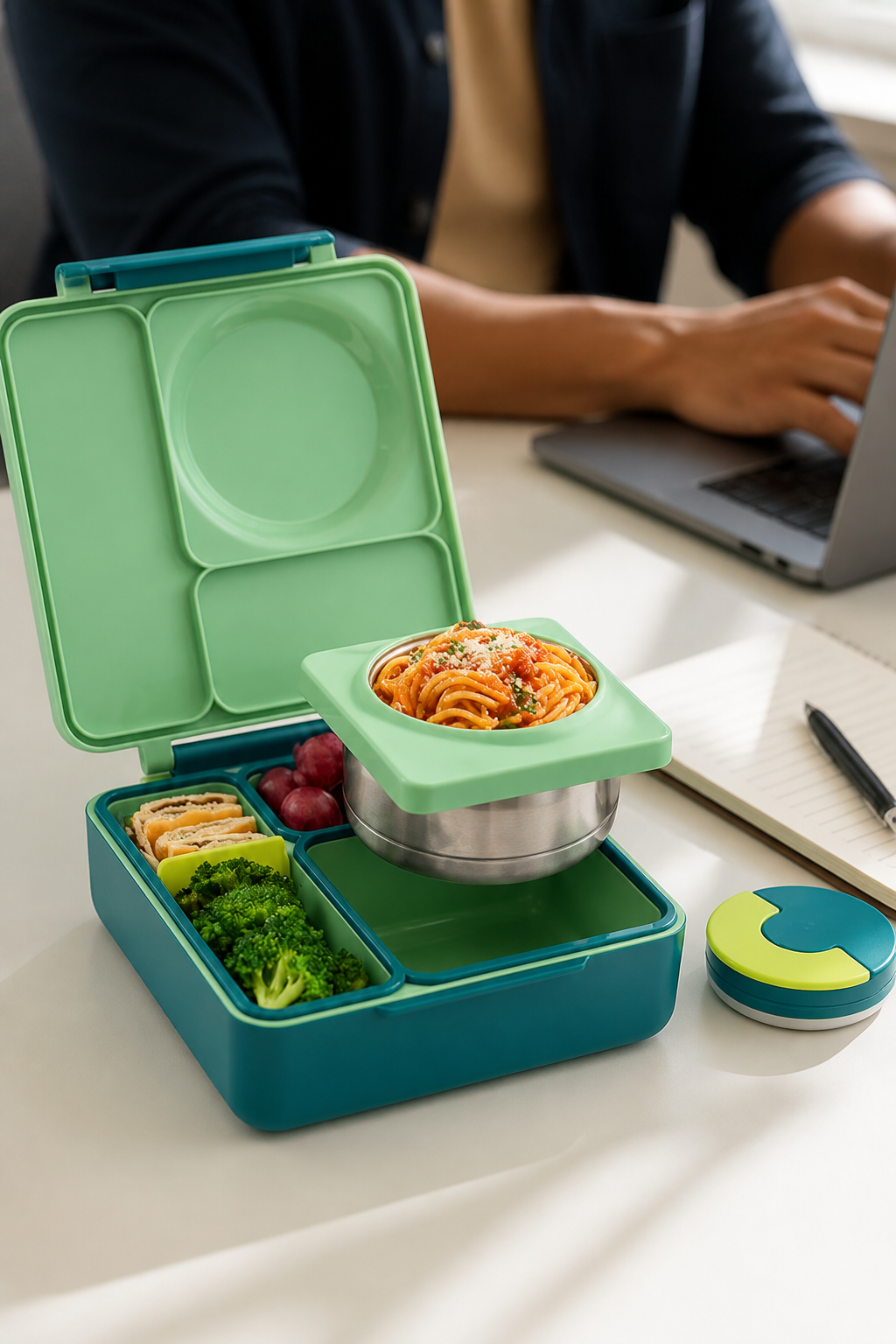A Bento Box sitting on a clean modern office desk next to a laptop and notebook