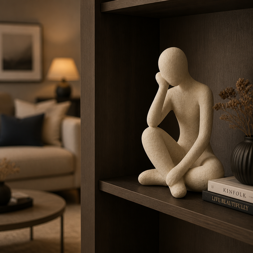 Cinematic side-by-side editorial photograph showing a sterile matching living room contrasted with a bold abstract thinker accent resin displayed on a sculptural shelf
