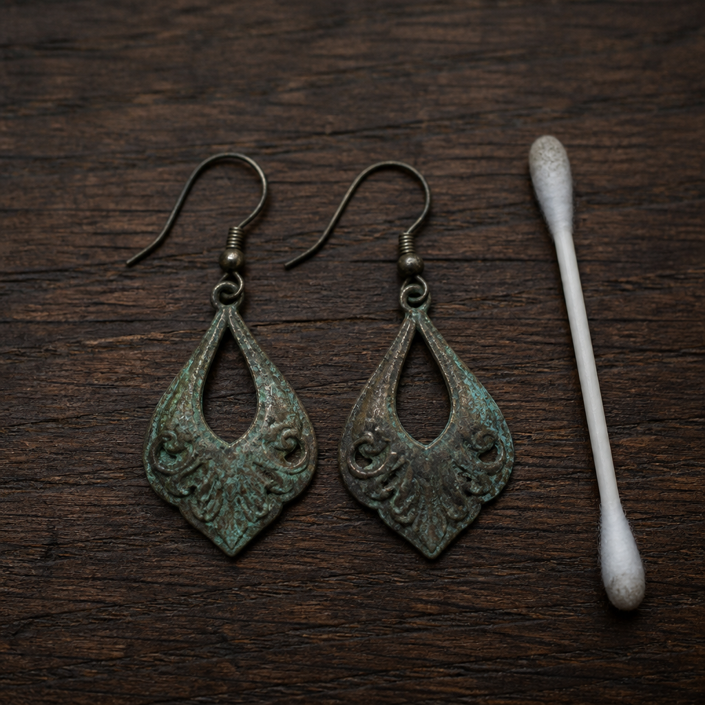 Tarnished and discolored unbranded earrings with green oxidation marks lying on a dark wooden surface next to a cotton swab