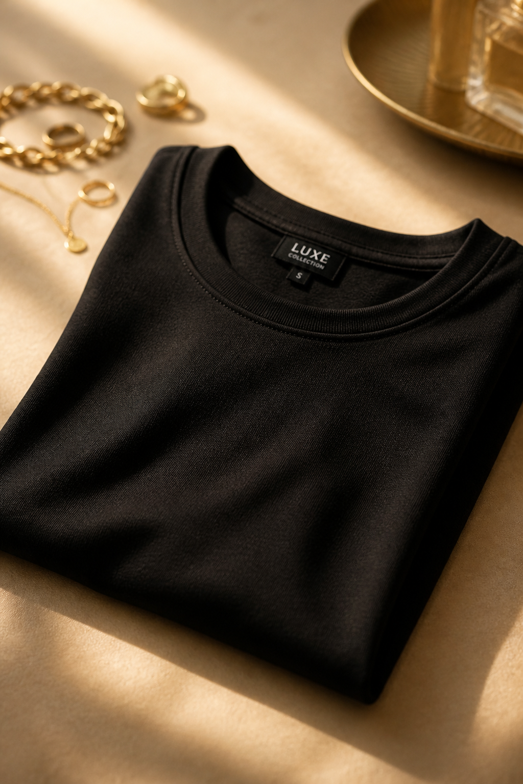 Black Ladies T-Shirt in Crop top length Cotton fabric folded on warm beige background with dramatic shadow play and gold jewelry accent