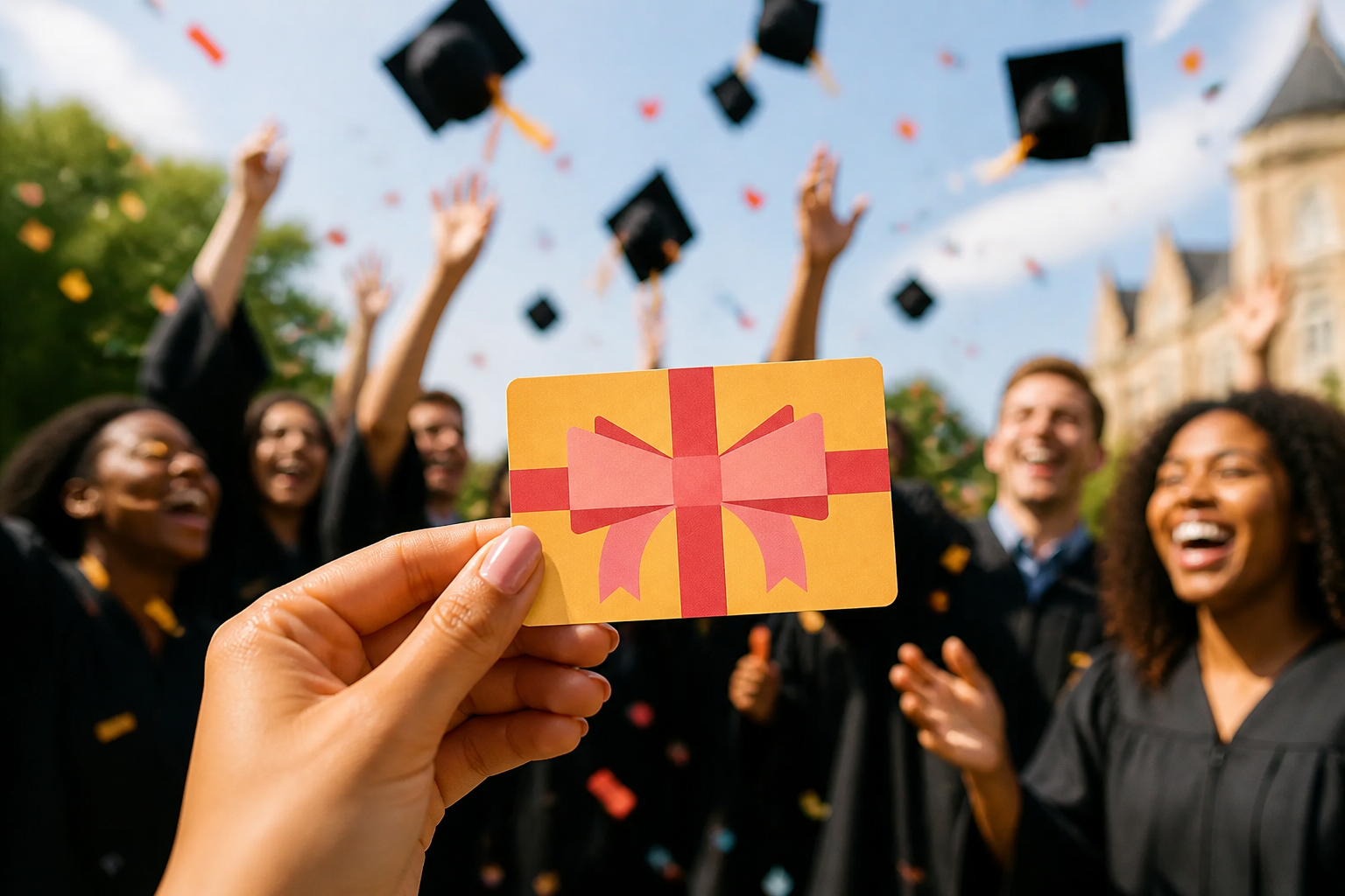 Joyful graduation party celebration with cap toss, confetti, and proud graduates smiling, outdoor festive setting