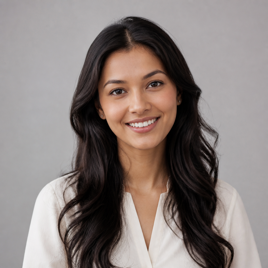 Close-up portrait of Aanya Patel smiling warmly, soft natural window light, friendly approachable expression, professional headshot framing, neutral blurred office background