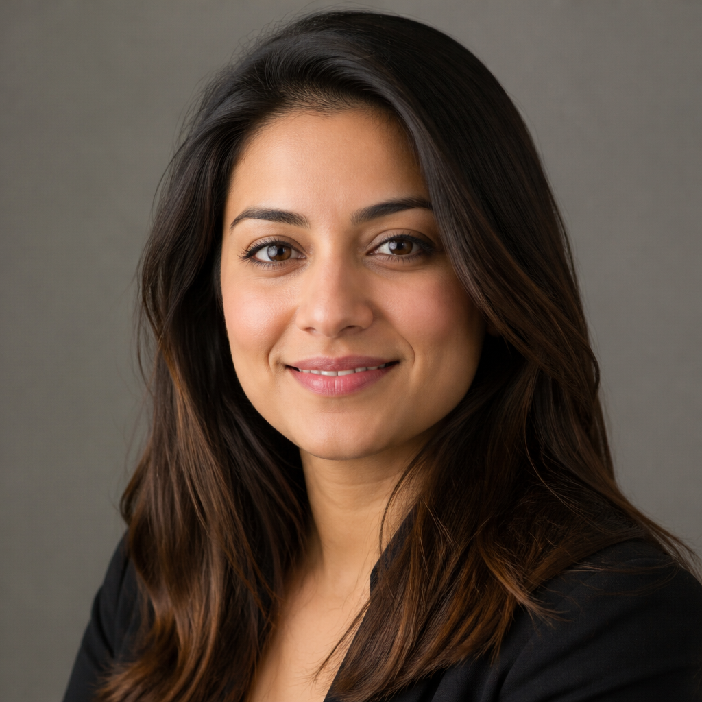 Friendly young Indian woman smiling warmly in soft daylight, relaxed posture, hair loosely tied, wearing a casual pastel top, natural contemporary portrait style