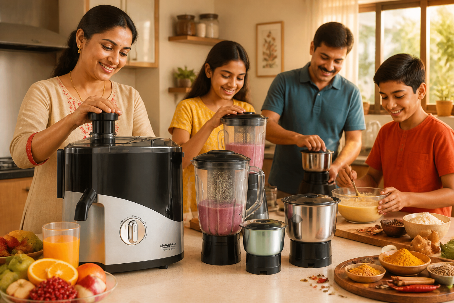 Collage-style photo wall of four Indian families using the Maharaja Whiteline Selecto Plus in their home kitchens &mdash; making juice, blending smoothies, grinding spices, and preparing batter in warm natural light