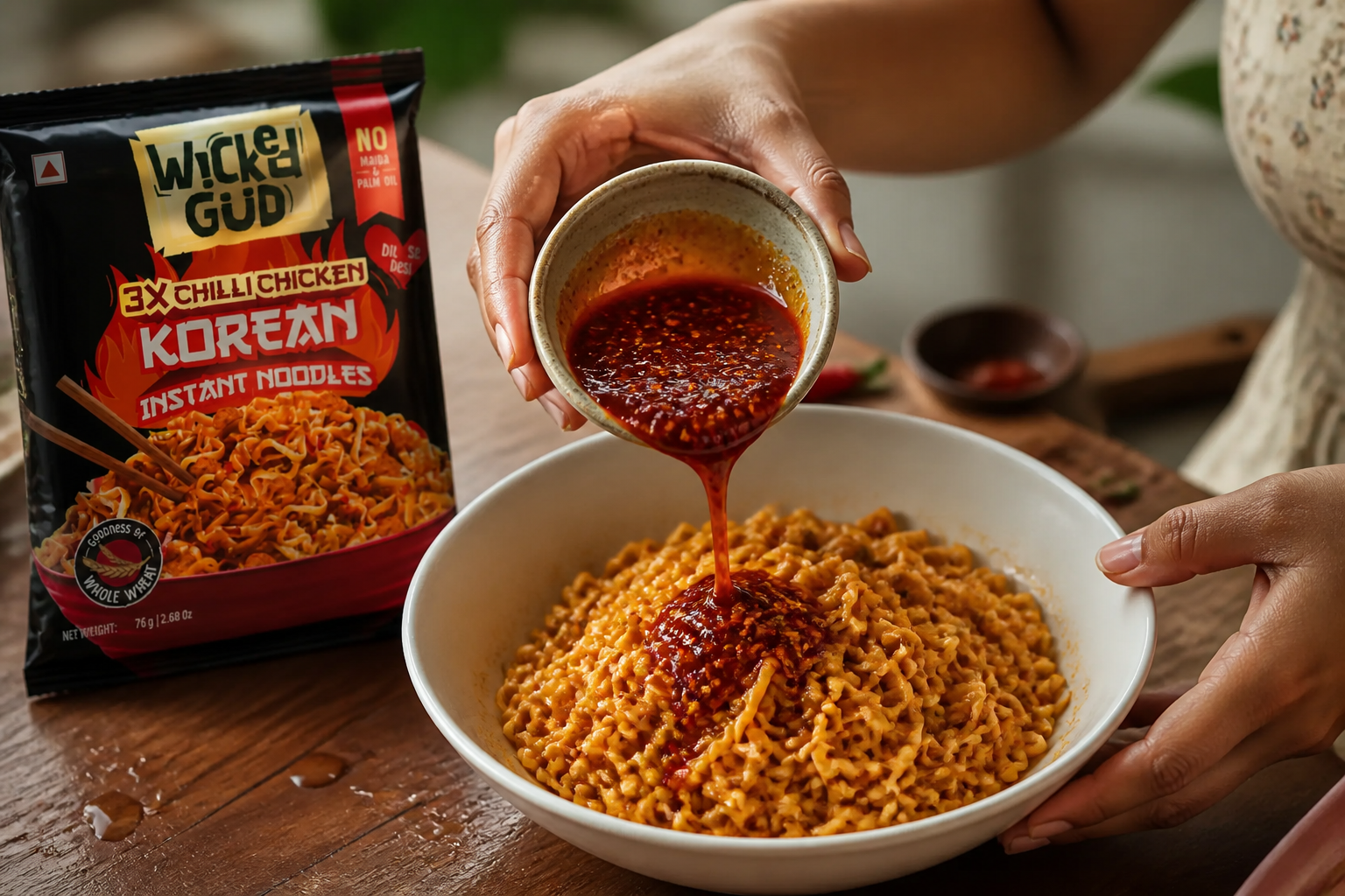Rich spicy chili sauce being added to the cooked noodles, showing the vibrant red color